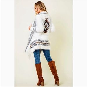 Aztec Tribal Pattern White Fuzzy Cardigan NWT